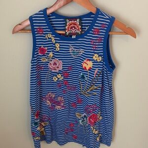 Johnny Was Blue Striped Floral Embroidered Tank